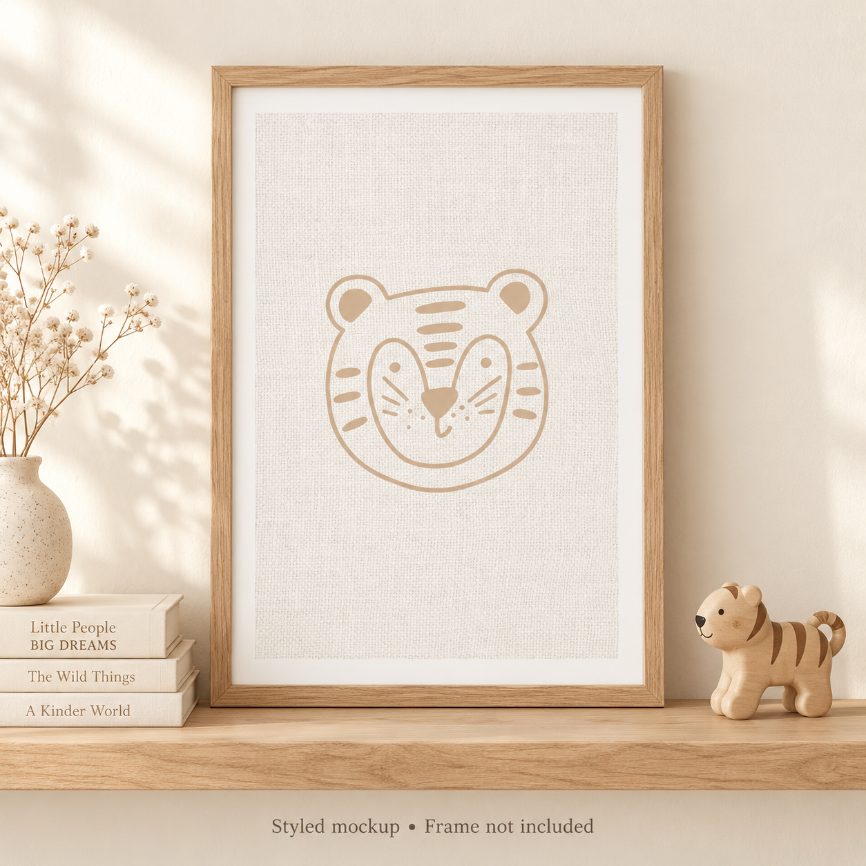 Minimal Tiger framed styling example; frame not included