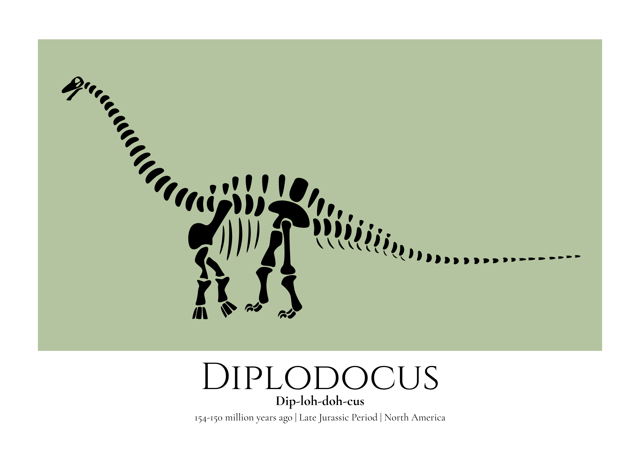 Giggle Bright Diplodocus skeleton print on a muted green background