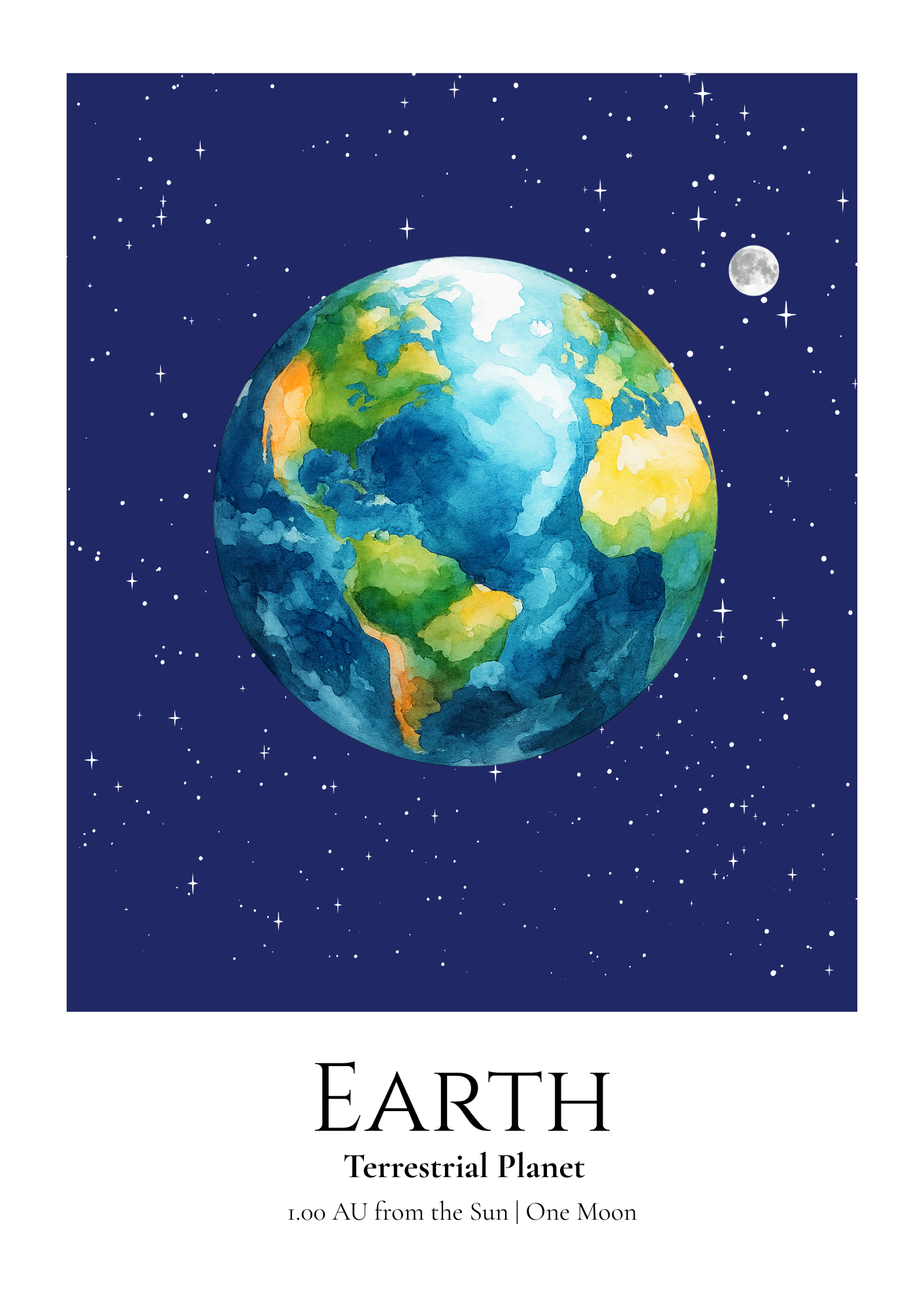Colourful Earth print against a starry blue background