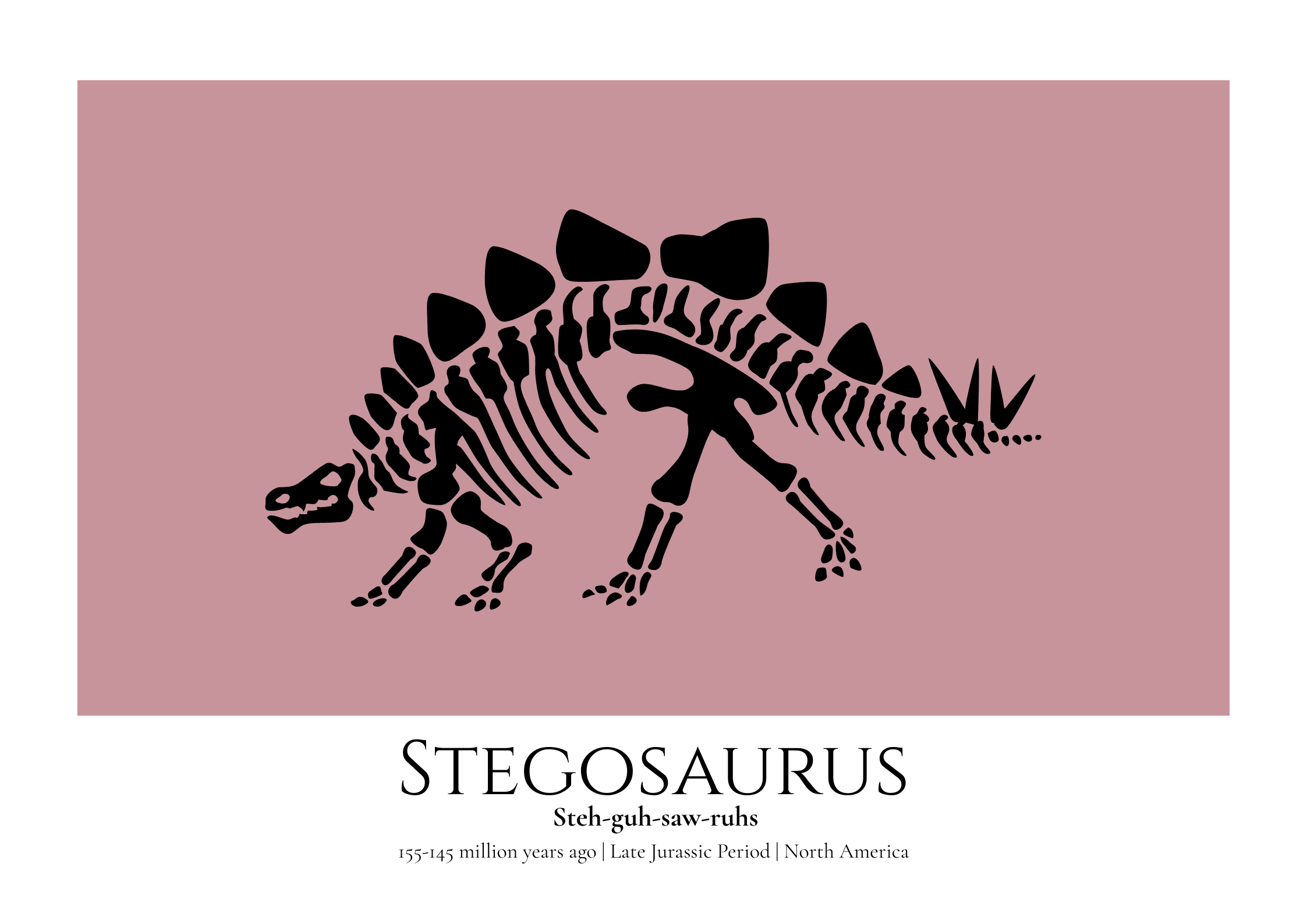 Muted pink Stegosaurus skeleton art print
